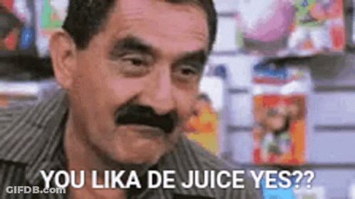 A Man With A Mustache Is Asking If He Likes De Juice GIF
