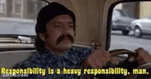 A Man With A Mustache Is Driving A Car And Saying `` Responsibility Is A Heavy Responsibility Man . '' GIF