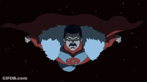 A Man With A Mustache Is Flying Through The Air With A Cape On GIF