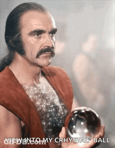 A Man With A Mustache Is Holding A Crystal Ball And Says " View Into My Crhystal Ball " GIF