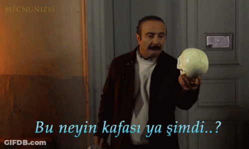 A Man With A Mustache Is Holding A Skull And Says Bu Neyin Kafasi Ya Simdi GIF