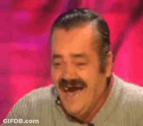 A Man With A Mustache Is Laughing With His Mouth Open And His Eyes Closed . GIF