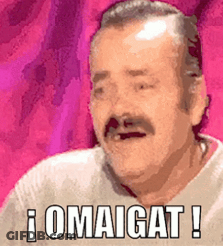 A Man With A Mustache Is Making A Funny Face And Has The Word Omaigat Written On His Face GIF