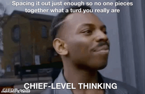 A Man With A Mustache Is Making A Funny Face With The Caption Chief-Level Thinking GIF