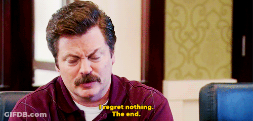 A Man With A Mustache Is Saying " I Regret Nothing " GIF