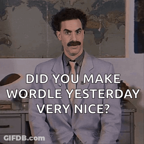 A Man With A Mustache Is Sitting In Front Of A Map With The Words Did You Make Wordle Yesterday Very Nice GIF