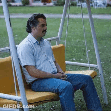 A Man With A Mustache Is Sitting On A Swing In The Park . GIF