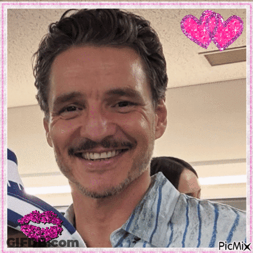 A Man With A Mustache Is Smiling In A Picture With Hearts And A Kiss On His Lips GIF