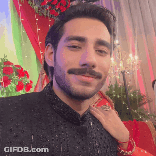 A Man With A Mustache Is Smiling In Front Of A Red Curtain GIF