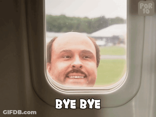 A Man With A Mustache Is Smiling While Looking Out Of An Airplane Window With The Words Bye Bye Below Him GIF