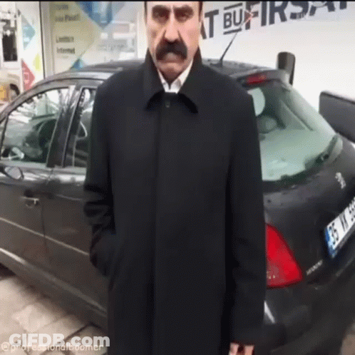 A Man With A Mustache Is Standing In Front Of A Car That Has A License Plate That Starts With Gs GIF