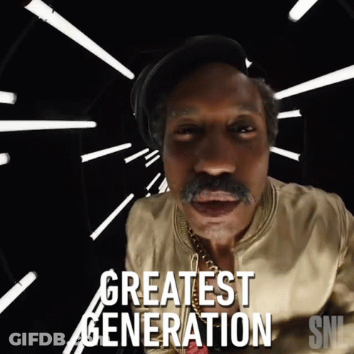 A Man With A Mustache Is Standing In Front Of A Sign That Says " Greatest Generation " GIF