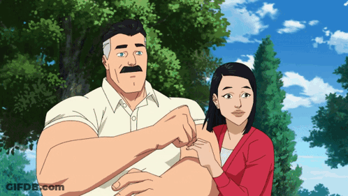 A Man With A Mustache Is Standing Next To A Woman In A Red Sweater GIF