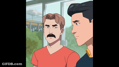 A Man With A Mustache Is Standing Next To Another Man In A Cartoon . GIF