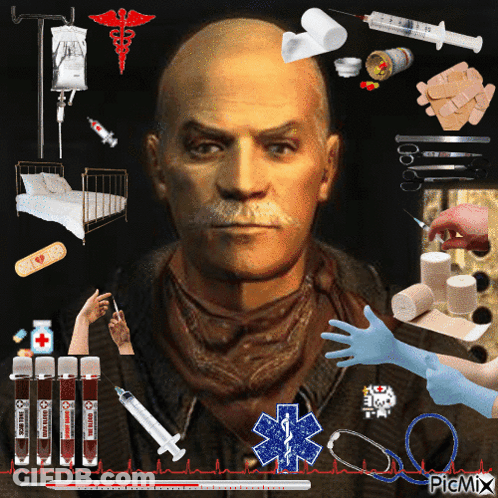 A Man With A Mustache Is Surrounded By Medical Supplies And A Picmix Watermark GIF