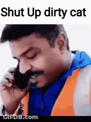 Man With Mustache Talking On Phone Says Shut Up Dirty Cat GIF