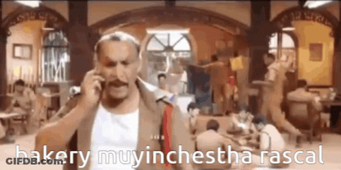 A Man With A Mustache Is Talking On A Cell Phone In A Room . GIF