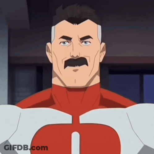 A Man With A Mustache Is Wearing A Red And White Superhero Costume With The Letter S On His Chest GIF