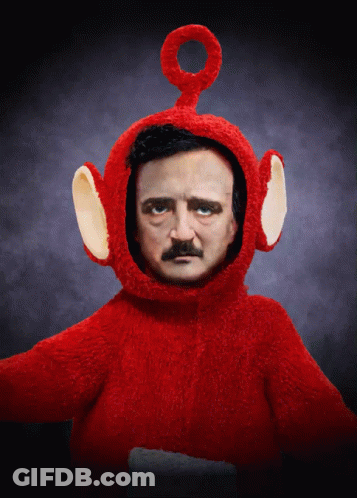 A Man With A Mustache Is Wearing A Red Teletubby Costume GIF
