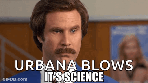 A Man With A Mustache Says " Urbana Blows Its Science " GIF