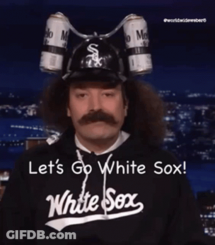 A Man With A Mustache Wearing A White Sox Shirt And A Hat GIF