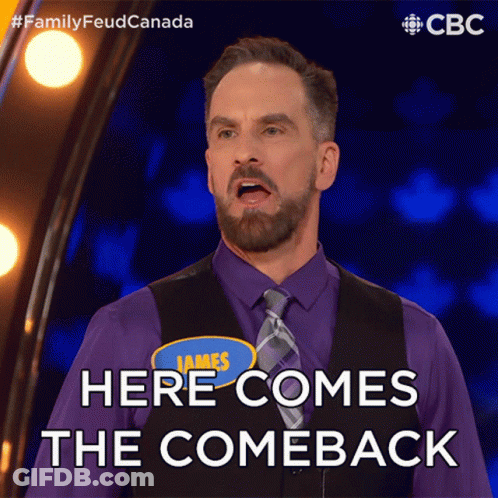 A Man With A Name Tag That Says James Here Comes The Comeback On It GIF