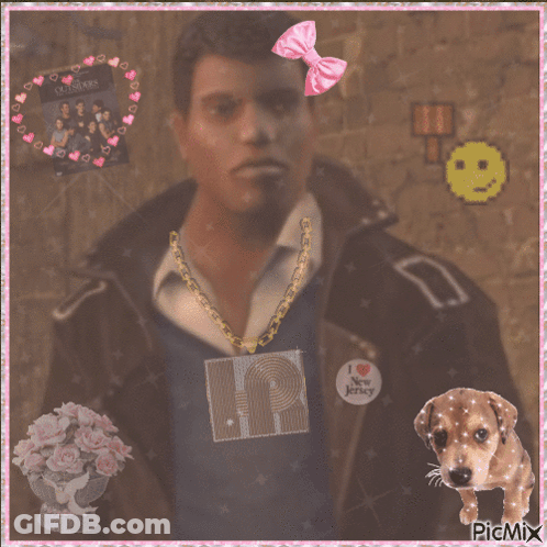 A Man With A Necklace That Says I Love New Jersey On It GIF