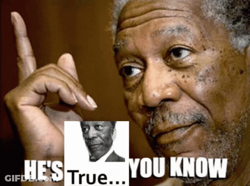 A Man With A Picture Of A Man And The Words He 'S True You Know Behind Him GIF