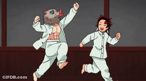 A Man With A Pig Head Is Jumping In The Air Next To Another Man GIF