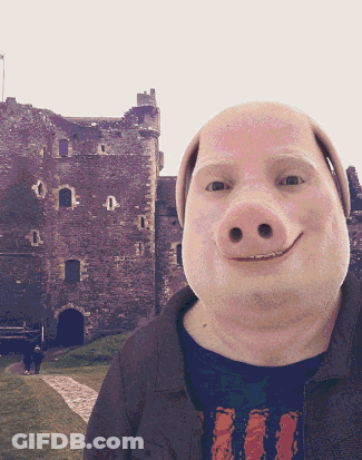 A Man With A Pig 'S Face And A Castle In The Background GIF