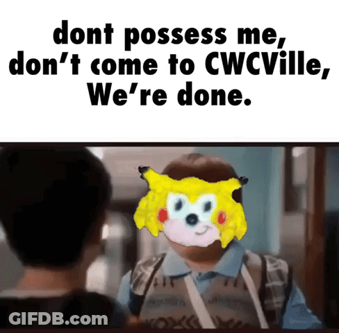 A Man With A Pikachu On His Face Is Talking To Another Man With The Words " Don T Possess Me " GIF