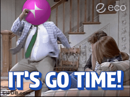A Man With A Pink Balloon On His Head And The Words " It 'S Go Time " GIF