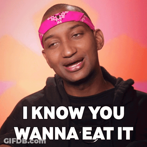 A Man With A Pink Bandana On His Head Says I Know You Wanna Eat It GIF