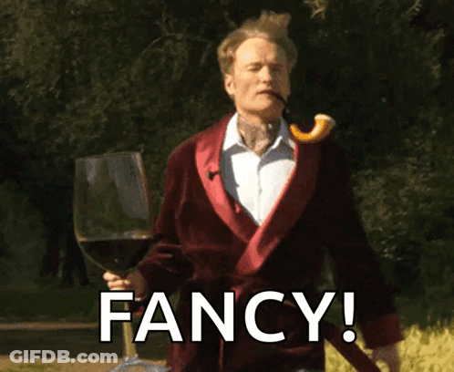 A Man With A Pipe In His Mouth Is Holding A Glass Of Wine And The Word Fancy Is Below Him GIF