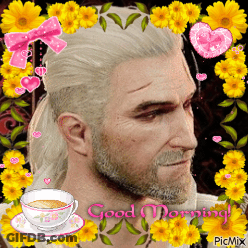 A Man With A Ponytail And A Cup Of Coffee Is Surrounded By Yellow Flowers And Says Good Morning GIF