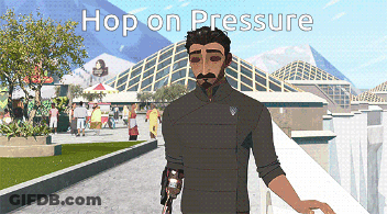 A Man With A Prosthetic Arm Is Standing In Front Of A Building That Says Hop On Pressure GIF