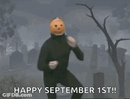 A Man With A Pumpkin Head Is Dancing In A Cemetery With The Words Happy September 1St Written Below Him GIF