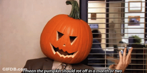 A Man With A Pumpkin On His Head Says " I Mean The Pumpkin Should Rot Off In A Month Or Two " GIF