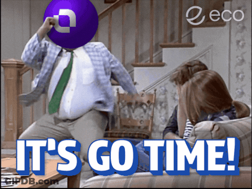 A Man With A Purple Ball On His Head And The Words " It 'S Go Time " GIF