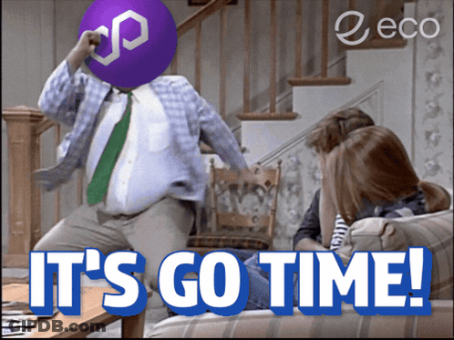 A Man With A Purple Ball On His Head And The Words " It 'S Go Time " GIF