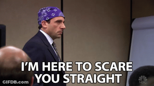 A Man With A Purple Bandana On His Head Says I 'M Here To Scare You Straight GIF