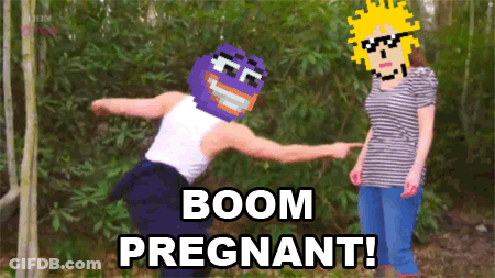 A Man With A Purple Mask Is Pointing At A Woman With The Words Boom Pregnant GIF