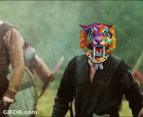 A Man With A Rainbow Colored Tiger Mask On His Head GIF