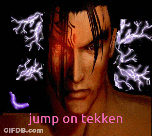 A Man With A Red Eye And The Words Jump On Tekken GIF