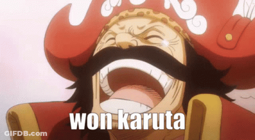 A Man With A Red Hat And Mustache Is Laughing With The Words Won Karuta Above Him GIF