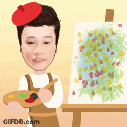 A Man With A Red Hat Is Holding A Palette And A Brush In Front Of A Painting GIF