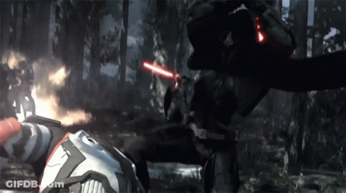 A Man With A Red Light Saber Is Fighting Another Man In A Video Game GIF