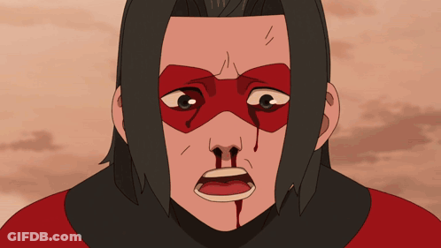 A Man With A Red Mask On His Face Has Blood Running Down His Nose GIF