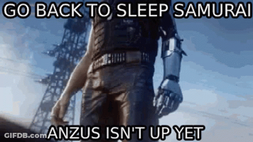 A Man With A Robot Arm Is Standing In Front Of A Building With A Caption That Says Go Back To Sleep Samurai GIF