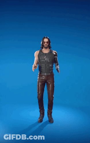 A Man With A Robot Arm Is Standing With His Arms In The Air On A Blue Background GIF